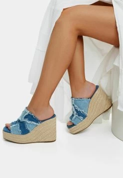 BERSHKA Patchwork - Sandalen Met Sleehak - Blue Denim
