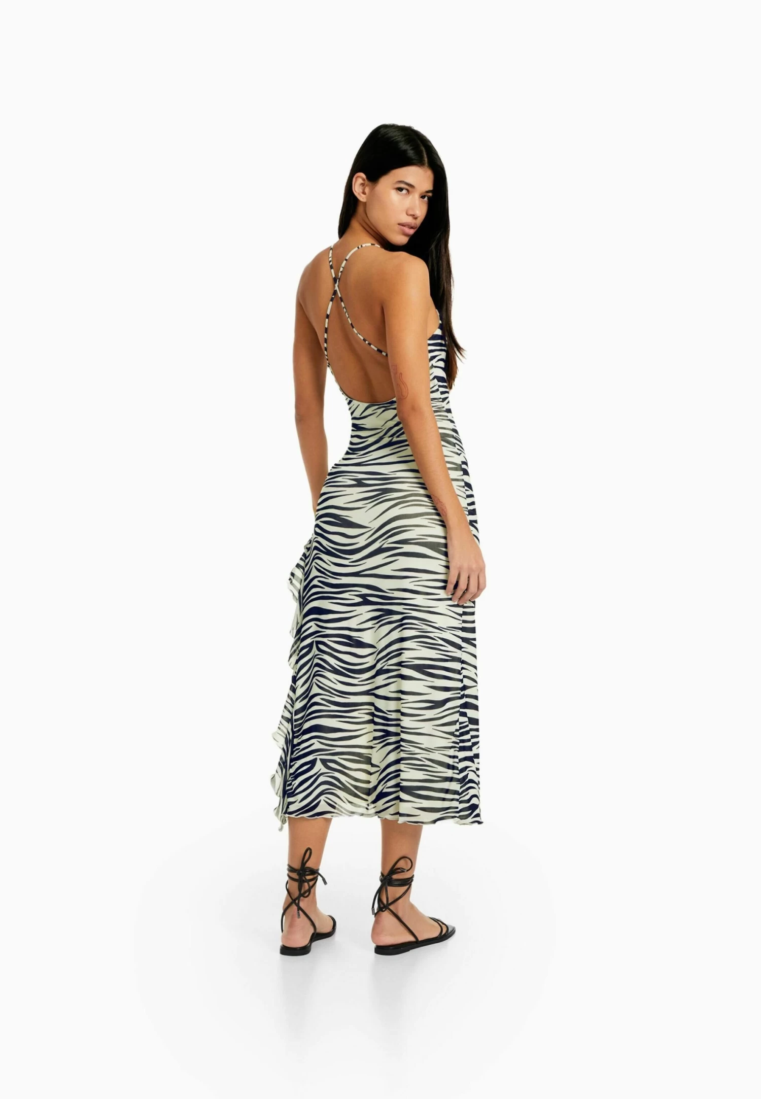 BERSHKA Ruffled Straps Midi- Jurk - Black 2 BERSHKA Ruffled Straps Midi- Jurk - Black - Afbeelding 2