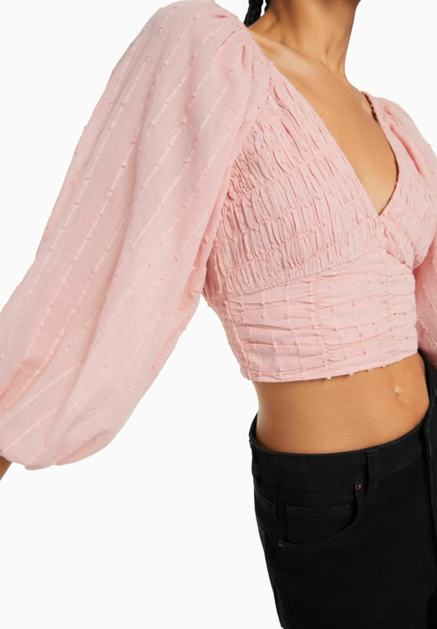 BERSHKA Voluminous Long Sleeve - V-Neck- Blouse - Pink 4 BERSHKA Voluminous Long Sleeve - V-Neck- Blouse - Pink - Afbeelding 4