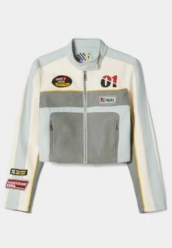 BERSHKA Racing- Imitatieleren Jas - Grey -Bershka 38b90532e5a941f381e5b54bc5be03d7