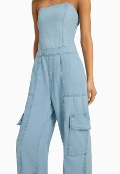 BERSHKA Cargo Bandeau- Jumpsuit - Light Blue Denim -Bershka 3966622498544912aff4b2a500c719d8