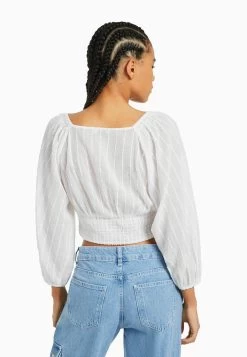 BERSHKA Voluminous Long Sleeve - V-Neck- Blouse - White -Bershka 39e1f517c41e4bfe9b3f546de1a9a67b