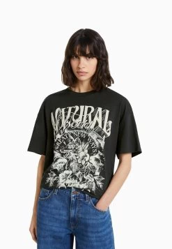 BERSHKA Printed- T-Shirt Print - Black