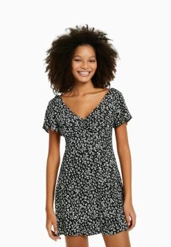 BERSHKA Voluminous Mini Short Sleeve- Jurk - Black