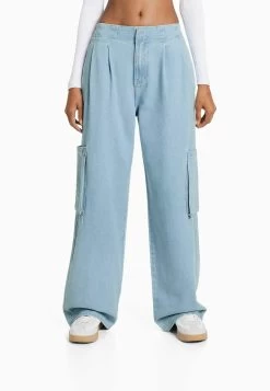 BERSHKA Pleated - Flared Jeans - Light Blue