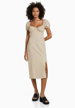 BERSHKA Short Sleeve Midi- Jurk - Sand