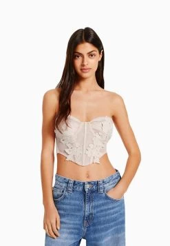 BERSHKA Floral Print - Corset - Top - Pink