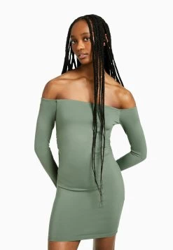 BERSHKA Long Sleeve Mini - Etui-Jurk - Khaki