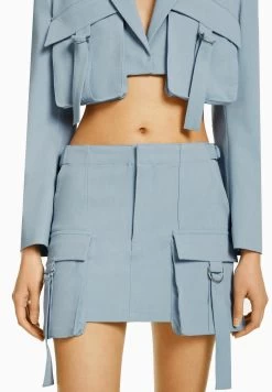 BERSHKA With Pockets Tailored - A-Lijn Rok - Light Blue Denim
