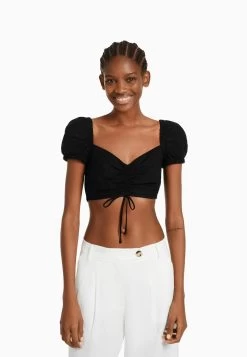 BERSHKA Short Sleeve With Gathered Detail-Crop - Blouse - Black