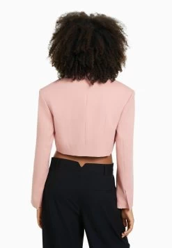 BERSHKA Cropped Tailored Twill- Blazer - Pink -Bershka 42cb74e3786148f79ceaf175af669c2b