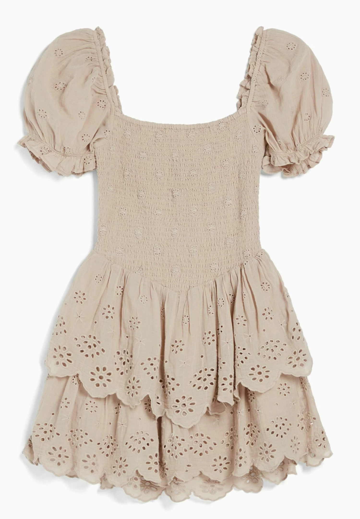 BERSHKA Short Sleeve Swiss Embroidery With Ruffles - Mini - Jurk - Light Brown 5 BERSHKA Short Sleeve Swiss Embroidery With Ruffles - Mini - Jurk - Light Brown - Afbeelding 5