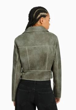 BERSHKA Faded Belted - Imitatieleren Jas - Dark Grey -Bershka 46711fa1062f44eead539e61c5f6848e