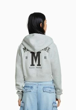 BERSHKA CroppedWith Print- Sweater Met Rits - Mottled Grey