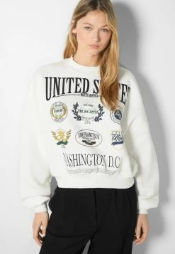 BERSHKA Embroidered - Sweater - Off White