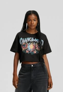 BERSHKA Short Sleeve- Cropped - T-Shirt Print - Dark Grey