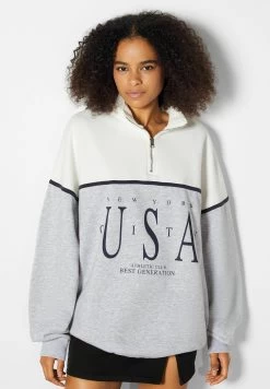 BERSHKA High Neck Print - Sweater - Mottled Grey