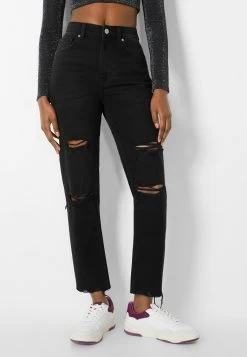 BERSHKA Ripped Mom - Straight Leg Jeans - Black