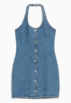 BERSHKA Fitted Collared - Midi - Spijkerjurk - Light Blue Denim -Bershka 51687d0526f24bb1afd0ff5ef5392f5f