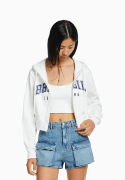 BERSHKA CroppedWith Print- Sweater Met Rits - Beige