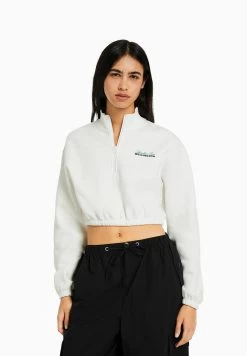 BERSHKA Zip - Sweater - Off White
