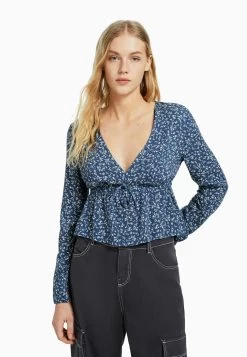 BERSHKA Floral Print With Bow - Blouse - Royal Blue