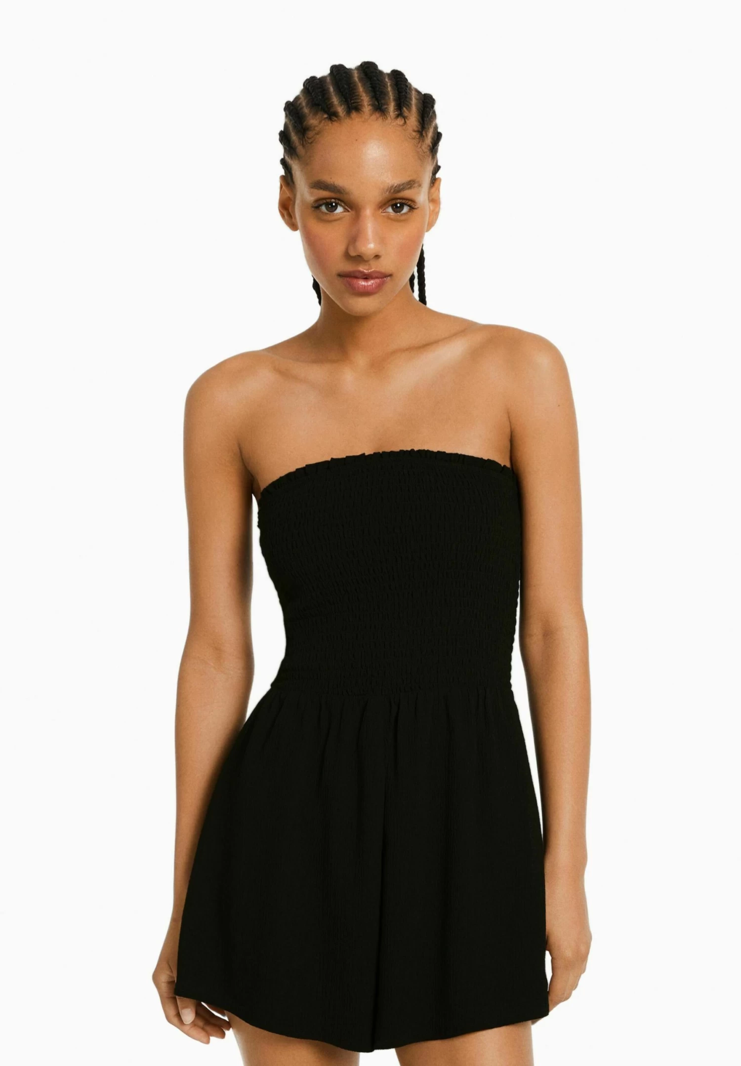 BERSHKA Textured With Shirring - Bandeau - Jumpsuit - Black 1 BERSHKA Textured With Shirring - Bandeau - Jumpsuit - Black
