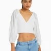 BERSHKA Voluminous Long Sleeve - V-Neck- Blouse - White
