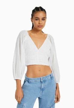 BERSHKA Voluminous Long Sleeve - V-Neck- Blouse - White