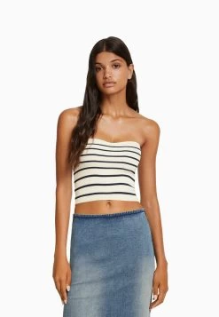 BERSHKA Striped Bandeau Crop - Top - White