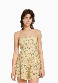 BERSHKA Floral Print With Straps- Jumpsuit - Light Yellow