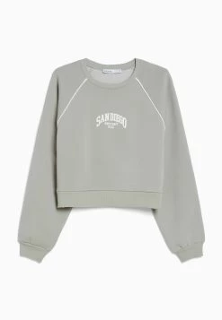 BERSHKA Round Neck Contrast - Print- Sweater - Dark Grey -Bershka 60861903361644cf979692326bbfcb76