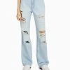 BERSHKA Wide-Leg Ripped - Flared Jeans - Light Blue