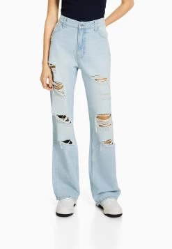 BERSHKA Wide-Leg Ripped - Flared Jeans - Light Blue