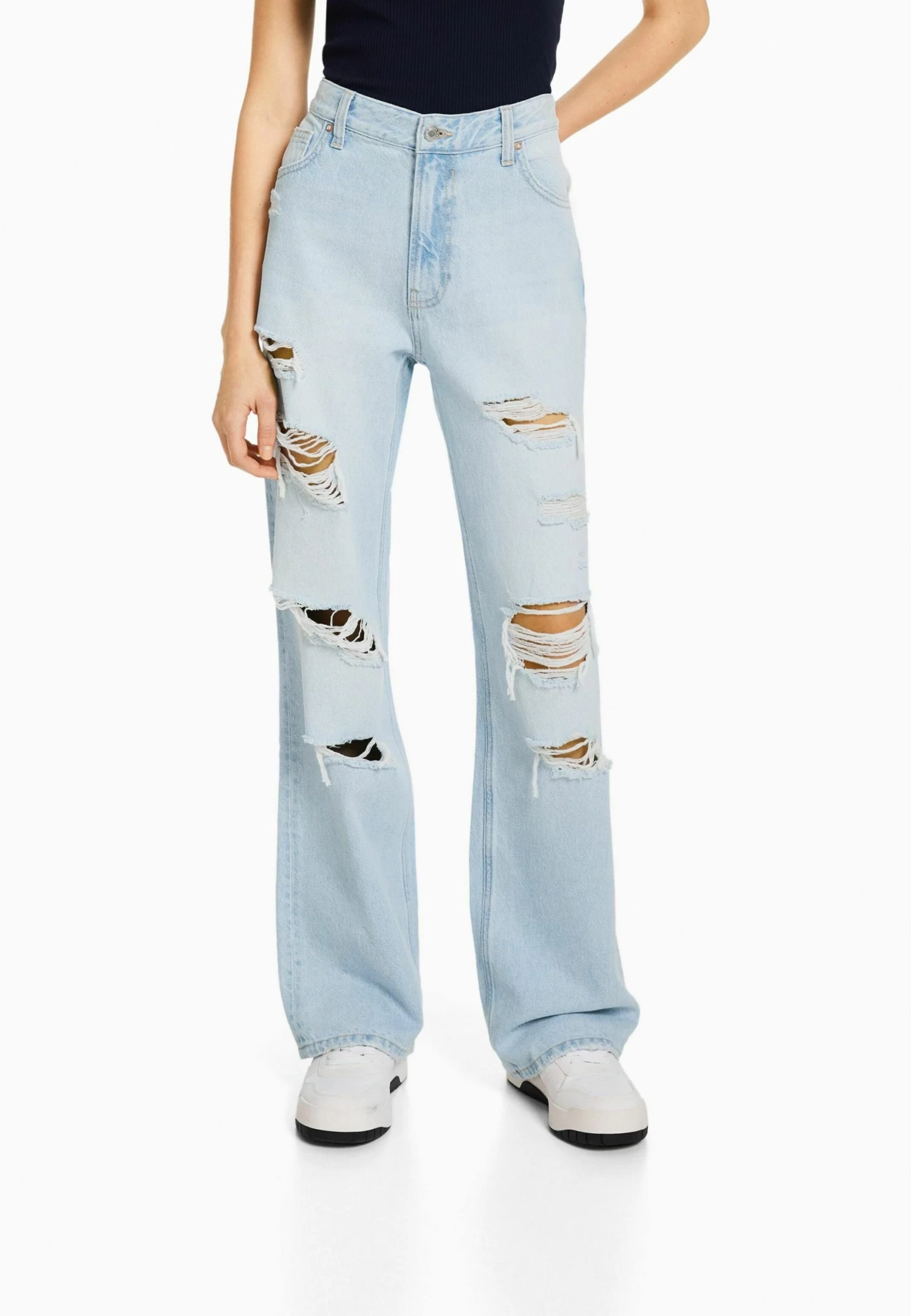 BERSHKA Wide-Leg Ripped - Flared Jeans - Light Blue 1 BERSHKA Wide-Leg Ripped - Flared Jeans - Light Blue