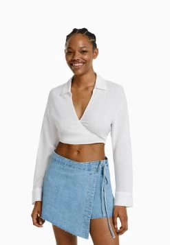 BERSHKA Knotted - Wikkelrok - Light Blue Denim