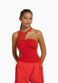 BERSHKA Sleeveless With Cut-Out And Detail- Top - Red