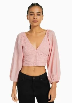 BERSHKA Voluminous Long Sleeve - V-Neck- Blouse - Pink