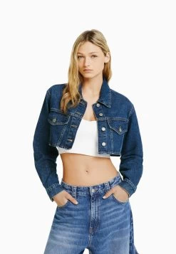 BERSHKA Cropped- Spijkerjas - Dark Blue