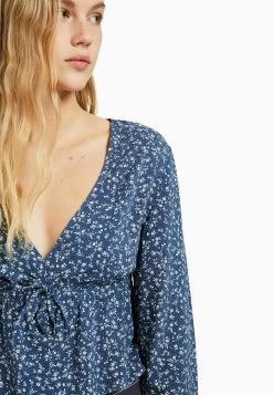 BERSHKA Floral Print With Bow - Blouse - Royal Blue -Bershka 673d9a038c5a4f9f844c78c7d9794919