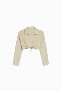 BERSHKA Long Sleeve And Gathered Detail At The Front With Stopper- Blouse - Stone -Bershka 6ae4df3874b9442ea075376af8d8b050