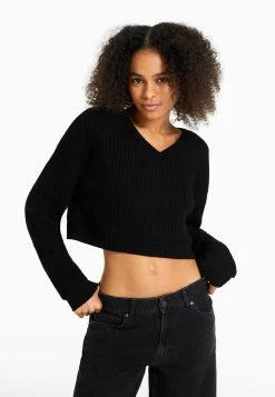 BERSHKA V-Neck - Trui - Black