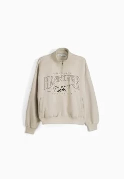 BERSHKA Zip - Print - Sweater - Sand -Bershka 6e26a9109f884d35839d7e8400307ed8