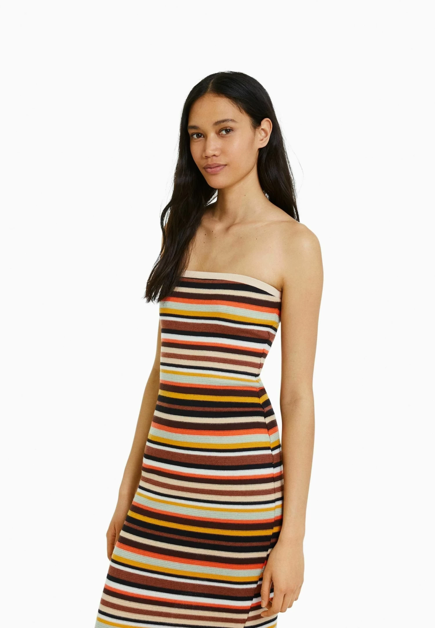 BERSHKA Striped Bandeau Midi - Gebreide Jurk - Brown 4 BERSHKA Striped Bandeau Midi - Gebreide Jurk - Brown - Afbeelding 4
