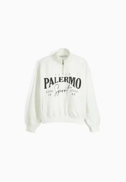 BERSHKA Zip - Print - Sweater - Beige -Bershka 70118768f28840d7b052b27a176e8f78