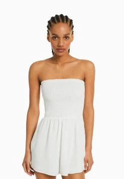 BERSHKA Textured With Shirring - Bandeau - Jumpsuit - White