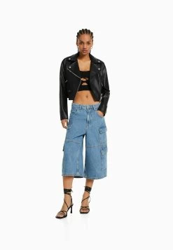 BERSHKA 06512644 - Imitatieleren Jas - Black