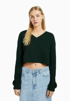 BERSHKA V-Neck - Trui - Evergreen