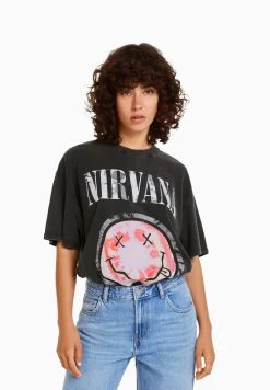 BERSHKA Nirvana Short Sleeve - T-Shirt Print - Dark Grey