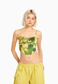 BERSHKA Bengalina Print Corset- Top - Green